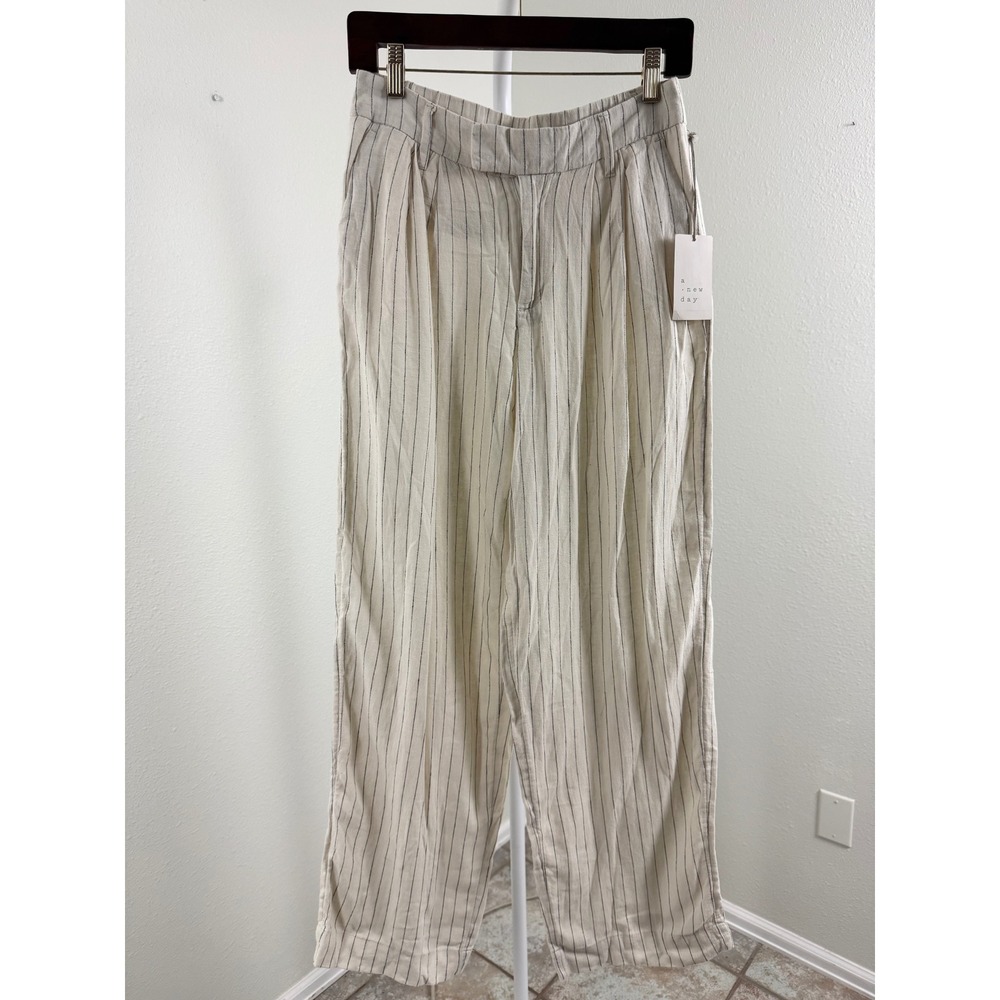 A New Day Womens Pinstripe Linen Blend Wide Leg Pants Cream Black Size 4 NWT